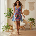 Colorful Patchwork Skater Dress — Geometric Top & Denim Patch Print Printify