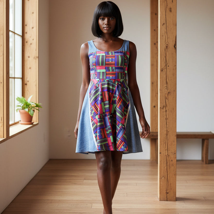 Colorful Patchwork Skater Dress — Geometric Top & Denim Patch Print