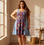 Colorful Patchwork Skater Dress — Geometric Top & Denim Patch Print