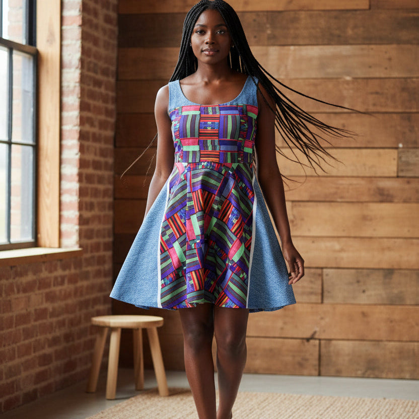 Colorful Patchwork Skater Dress — Geometric Top & Denim Patch Print