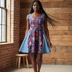 Colorful Patchwork Skater Dress — Geometric Top & Denim Patch Print