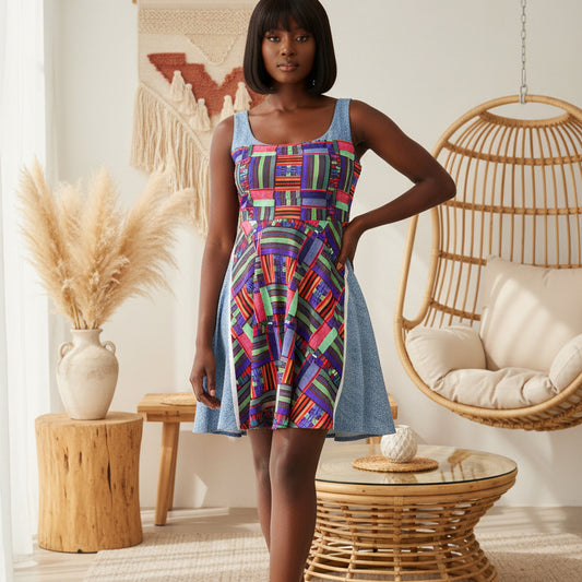 Colorful Patchwork Skater Dress — Geometric Top & Denim Patch Print Printify