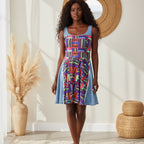 Colorful Patchwork Skater Dress — Geometric Top & Denim Patch Print Printify