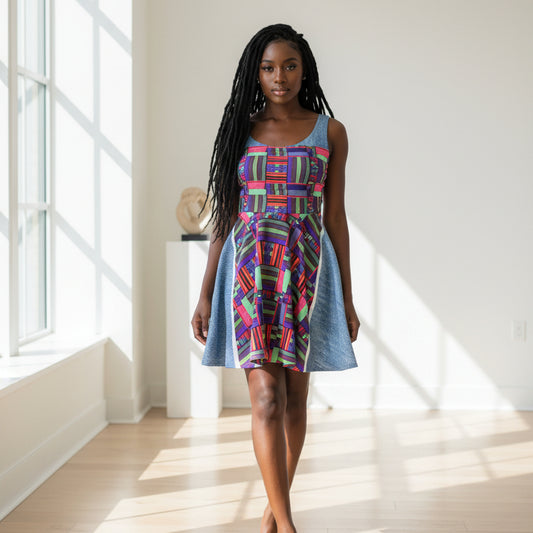 Colorful Patchwork Skater Dress — Geometric Top & Denim Patch Print