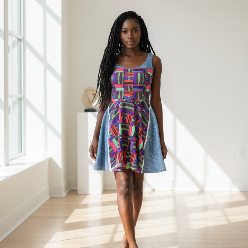 Colorful Patchwork Skater Dress — Geometric Top & Denim Patch Print Printify