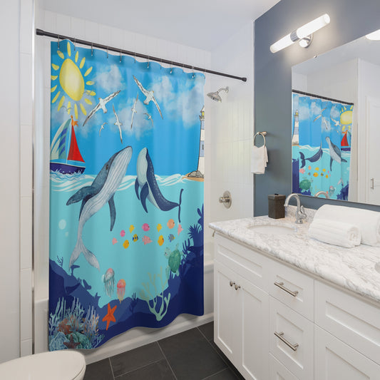 Whale Watching Shower Curtain, Nautical Bathroom Decor, Ocean-Themed, Beach House Essential