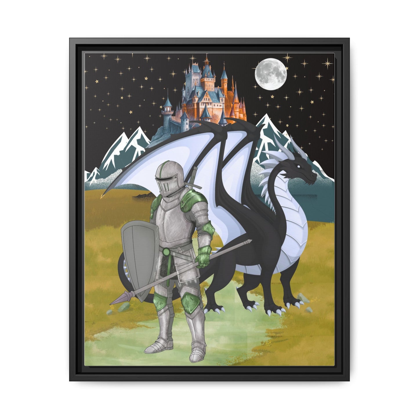Framed Matte Canvas - Knight and Dragon Fantasy Art