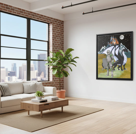 Framed Matte Canvas - Knight and Dragon Fantasy Art