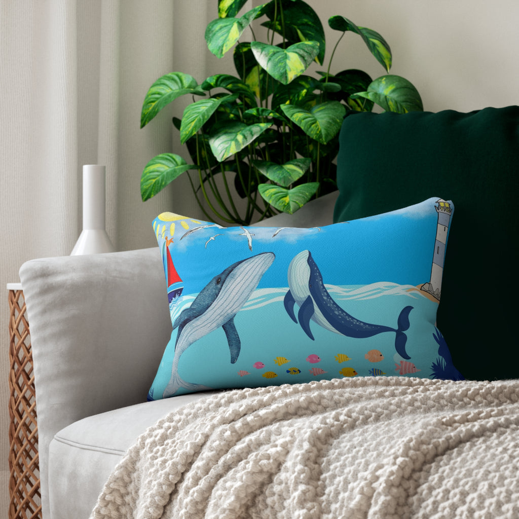 Whale Watching Lumbar Pillow - Coastal Decor for Beach Lovers Printify