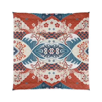 Elegant Floral Comforter, Boho Chic Bedding, Japanese Wave Design Quilt