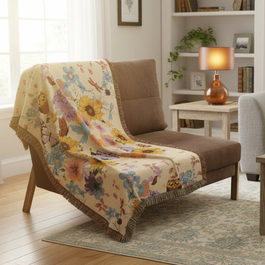 Floral Sunflower Woven Blanket — Reversible Cottagecore Throw for Cozy Living Room & Bedroom