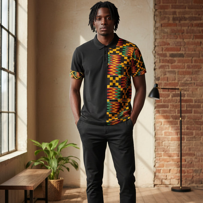 Kente Pattern Polo Shirt – African Print Half-Panel Polo