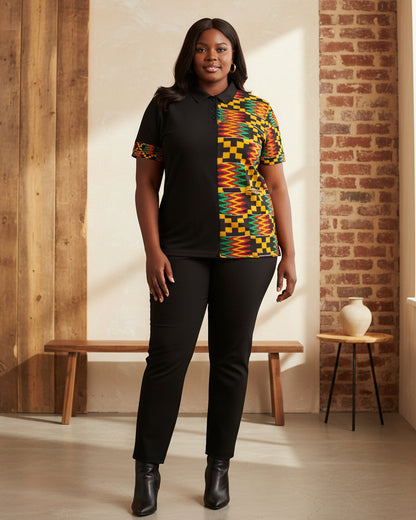 Kente Pattern Polo Shirt – African Print Half-Panel Polo