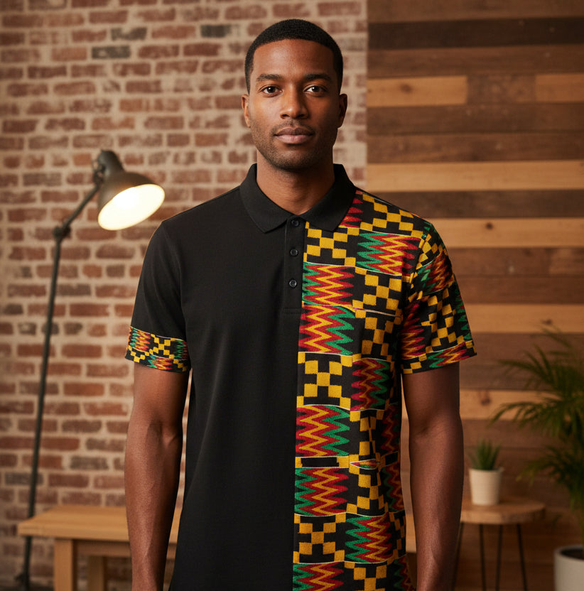 Kente Pattern Polo Shirt – African Print Half-Panel Polo