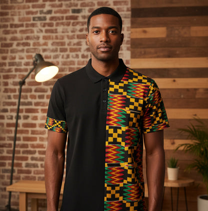 Kente Pattern Polo Shirt – African Print Half-Panel Polo