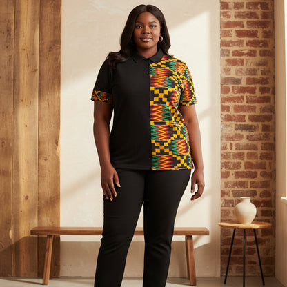 Kente Pattern Polo Shirt – African Print Half-Panel Polo