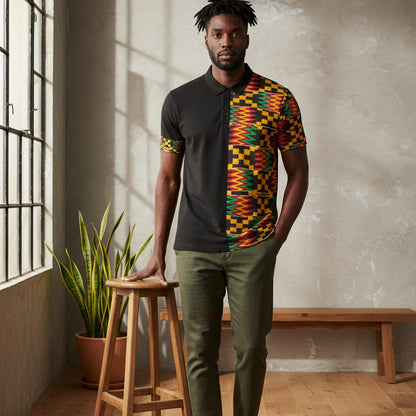 Kente Pattern Polo Shirt – African Print Half-Panel Polo