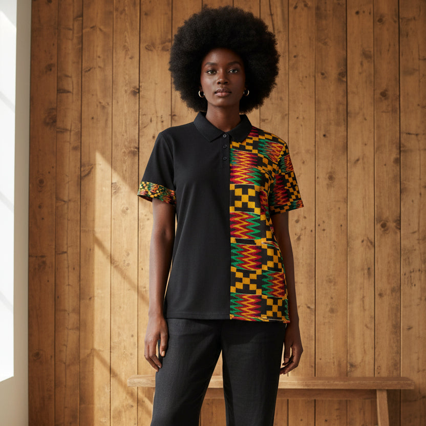 Kente Pattern Polo Shirt – African Print Half-Panel Polo