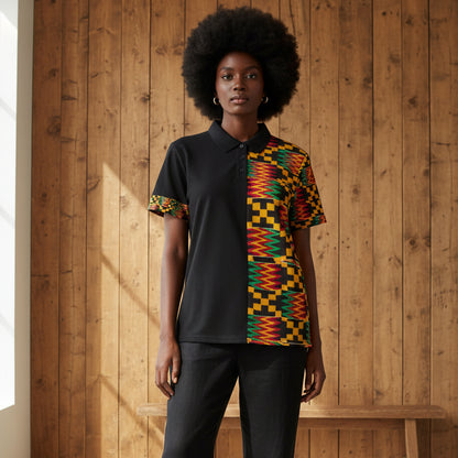 Kente Pattern Polo Shirt – African Print Half-Panel Polo