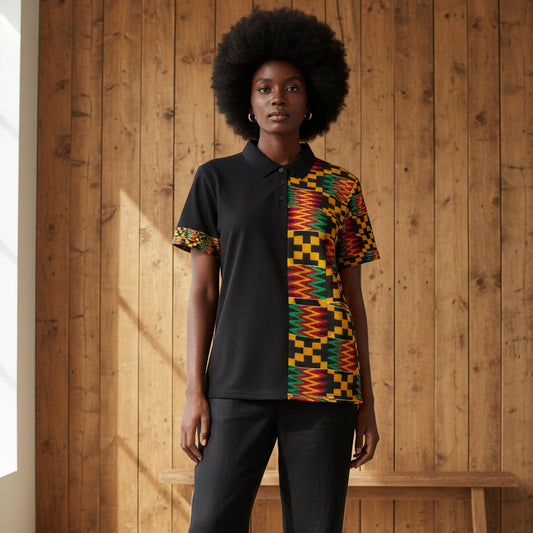 Kente Pattern Polo Shirt – African Print Half-Panel Polo