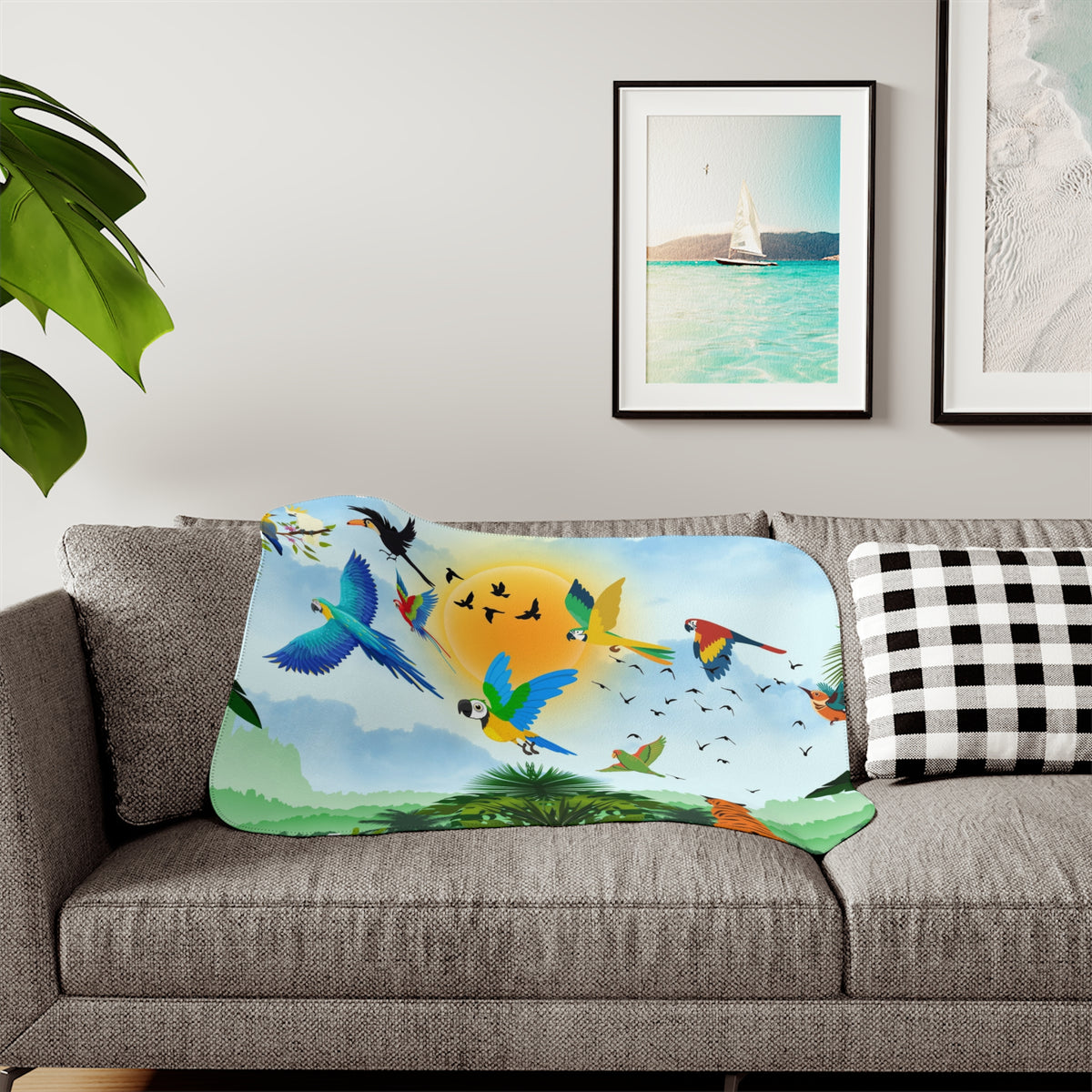 Tropical Wildlife Sherpa Blanket - Cozy Nature-Inspired Throw Printify