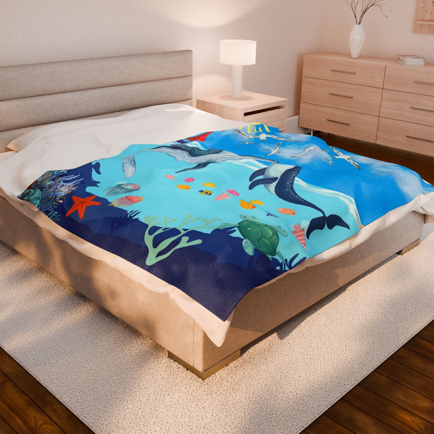 Whale & Ocean Scene Velveteen Plush Blanket – Cozy Decor for Ocean Lovers & Kids