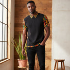 Kente Accent Polo Shirt — Black Polo with Vibrant African Print Collar & Sleeves