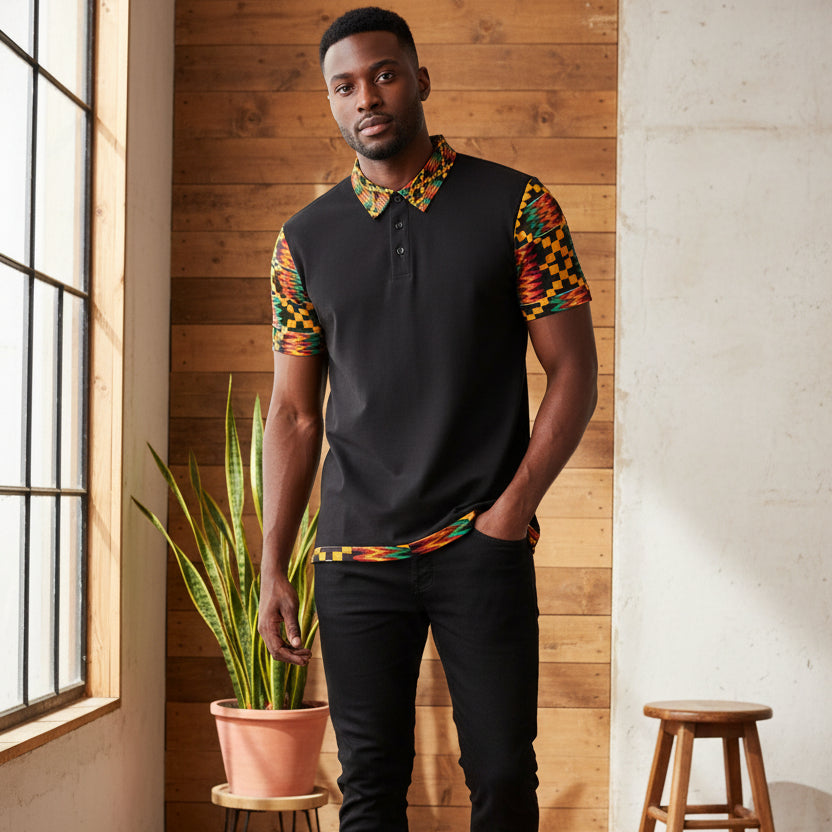 Kente Accent Polo Shirt — Black Polo with Vibrant African Print Collar & Sleeves