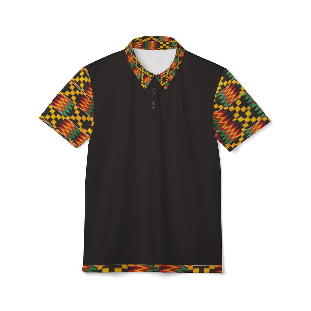 Kente Accent Polo Shirt — Black Polo with Vibrant African Print Collar & Sleeves