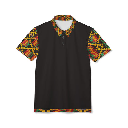Kente Accent Polo Shirt — Black Polo with Vibrant African Print Collar & Sleeves