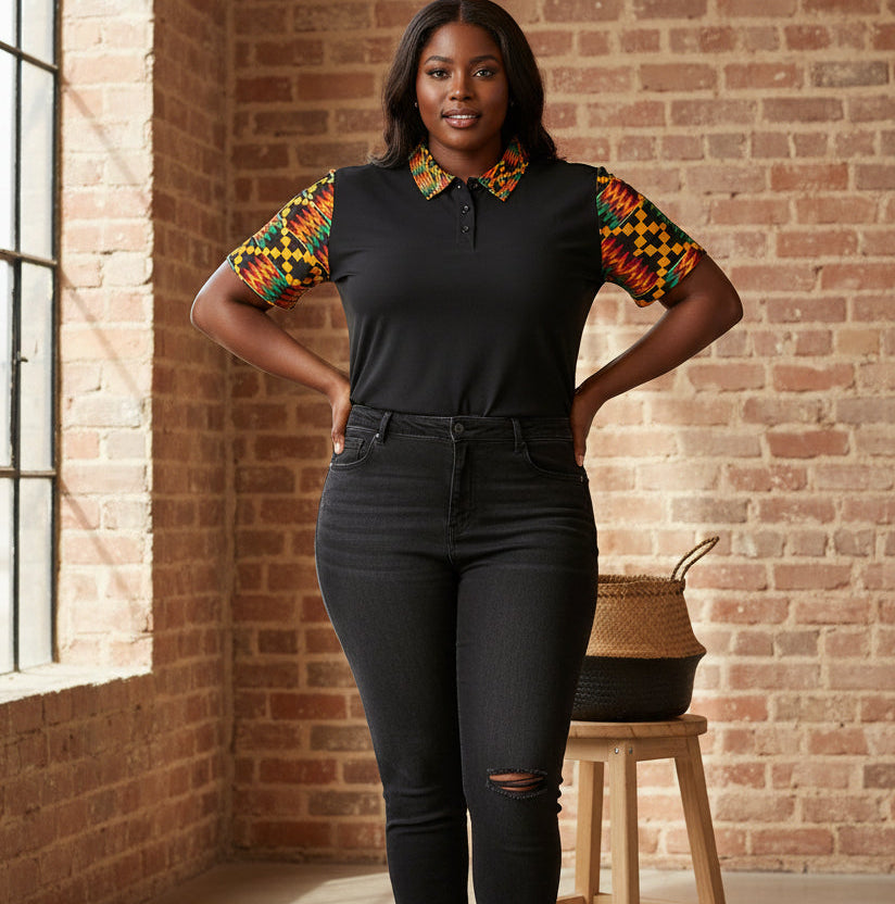 Kente Accent Polo Shirt — Black Polo with Vibrant African Print Collar & Sleeves