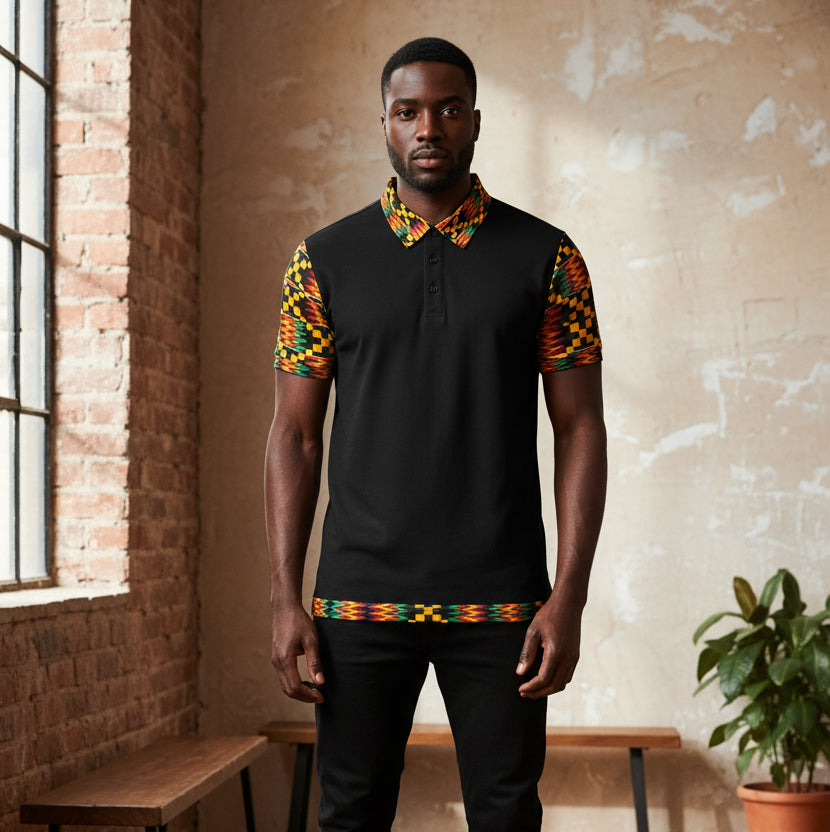 Kente Accent Polo Shirt — Black Polo with Vibrant African Print Collar & Sleeves