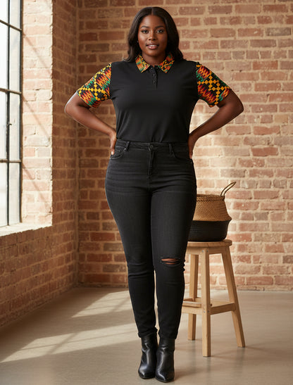 Kente Accent Polo Shirt — Black Polo with Vibrant African Print Collar & Sleeves