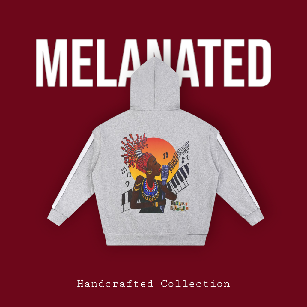 Jazz Singer Graphic Double-Layered Zip-Up Hoodie, featuring contrast tape detailing and raw-edge accents. ODMPOD