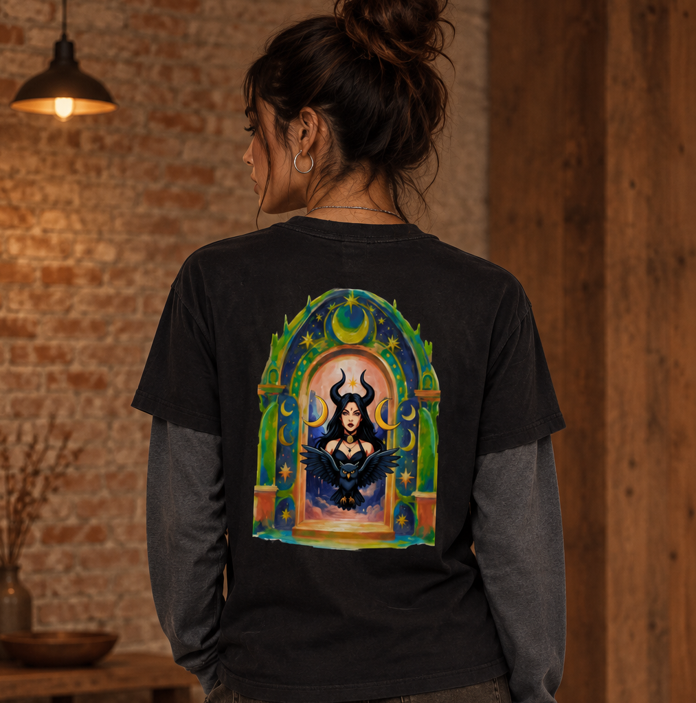 Gothic Woman , Halloween Graphic Unisex Vintage Wash Distressed Layer T-Shirt