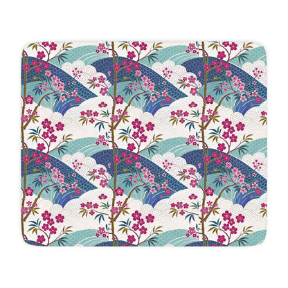 Asia Inspired Floral Sherpa Blanket, Cozy Throw, Snuggle Blanket