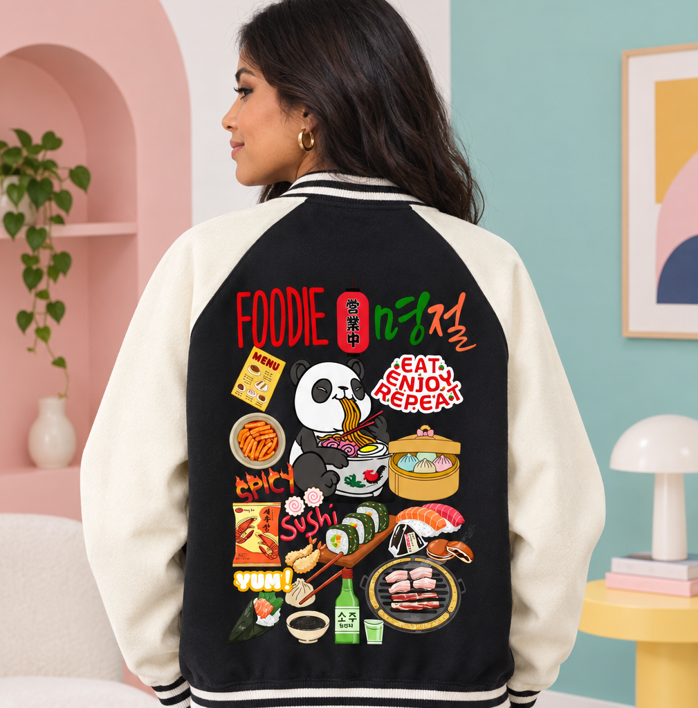 Foodie Themed Graphic Two Tone Raglan Sleeve Varsity  Unisex Jacket