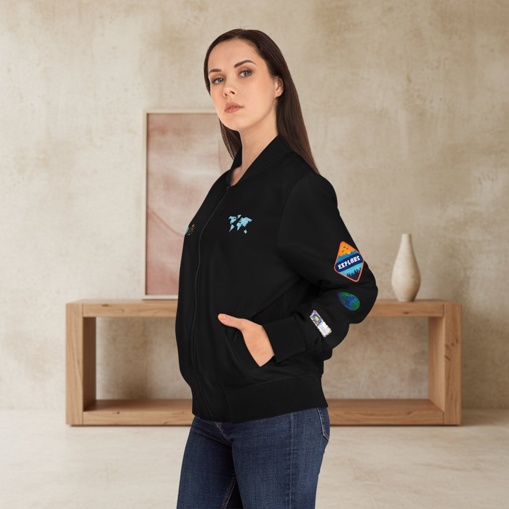 Travel Graphic Bomber Jacket – 'Travel' Adventure Patch Design