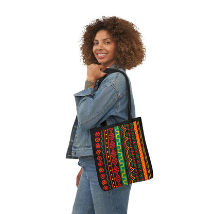 Afrocentric Pattern Canvas Tote — Colorful Tribal Stripe Beach & Market Bag