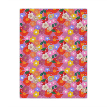 Floral Fiesta Minky Blanket — Bright Retro Flower Pattern, Cozy Throw for Living Room & Kids