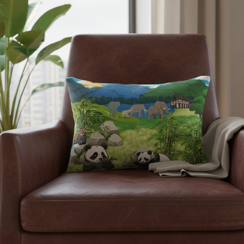 Cozy Wildlife Lumbar Pillow - Nature-Inspired Panda & Elephant Design Printify