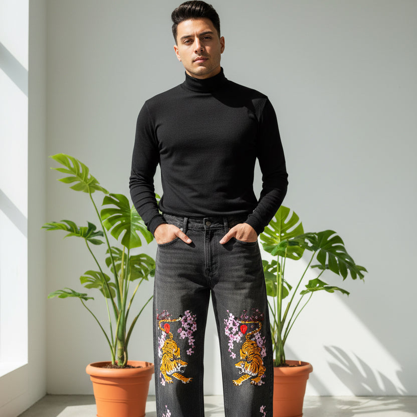 Men's Tiger Art Graphic Wash Heavyweight Denim Jeans