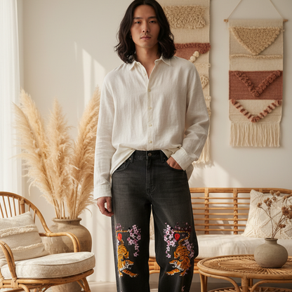 Men's Tiger Art Graphic Wash Heavyweight Denim Jeans