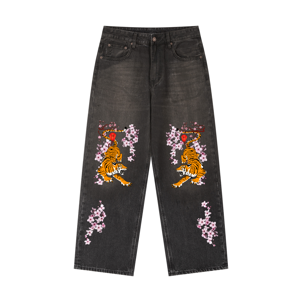 Men's Heavyweight Denim Jeans Featuring Tiger Graphic Art and Washed Finish ODMPOD