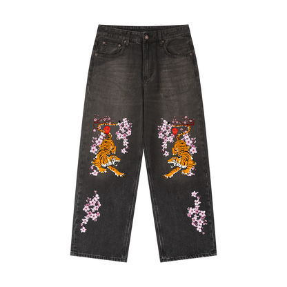 Men's Heavyweight Denim Jeans Featuring Tiger Graphic Art and Washed Finish ODMPOD