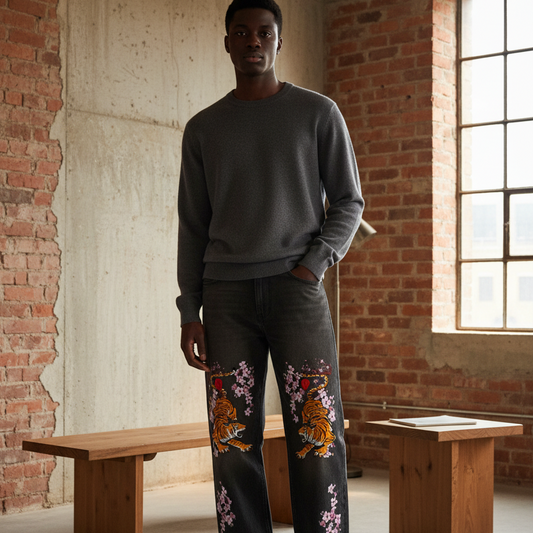 Men's Heavyweight Denim Jeans Featuring Tiger Graphic Art and Washed Finish ODMPOD