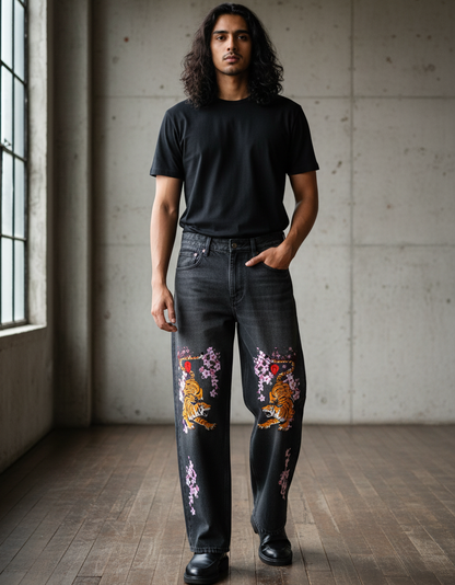 Men's Tiger Art Graphic Wash Heavyweight Denim Jeans