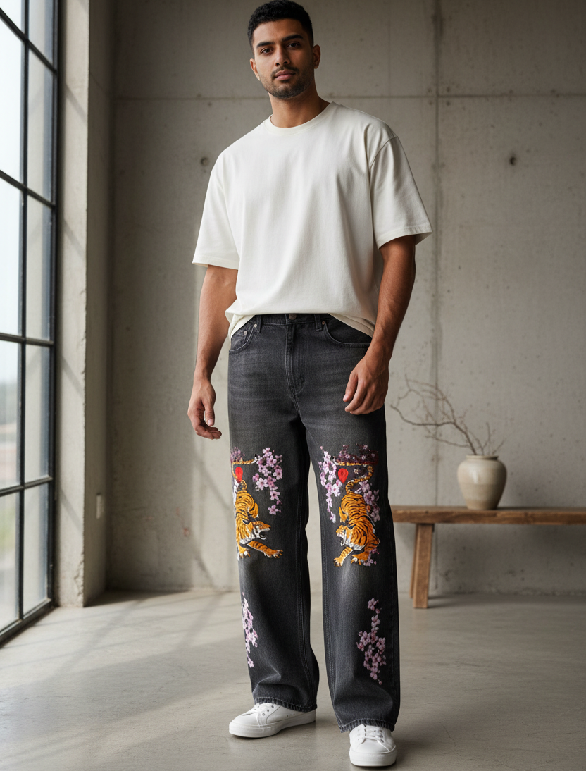 Men's Heavyweight Denim Jeans Featuring Tiger Graphic Art and Washed Finish ODMPOD