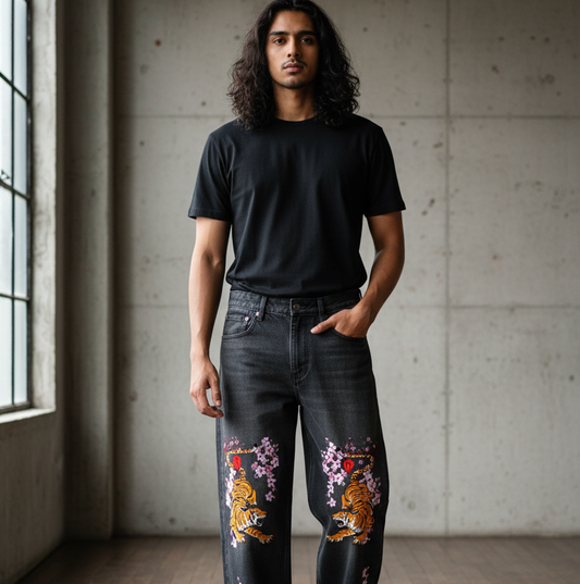 Men's Tiger Art Graphic Wash Heavyweight Denim Jeans