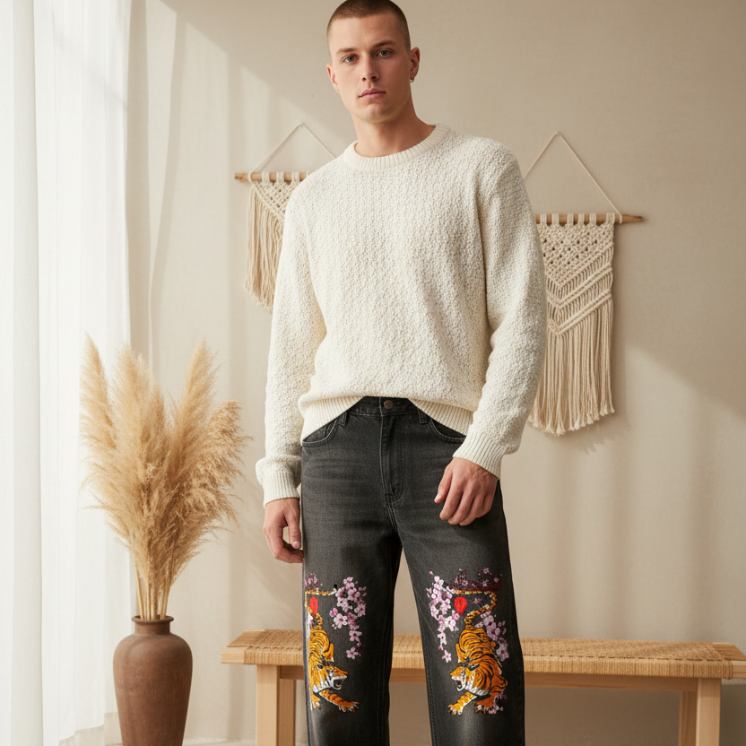 Men's Tiger Art Graphic Wash Heavyweight Denim Jeans